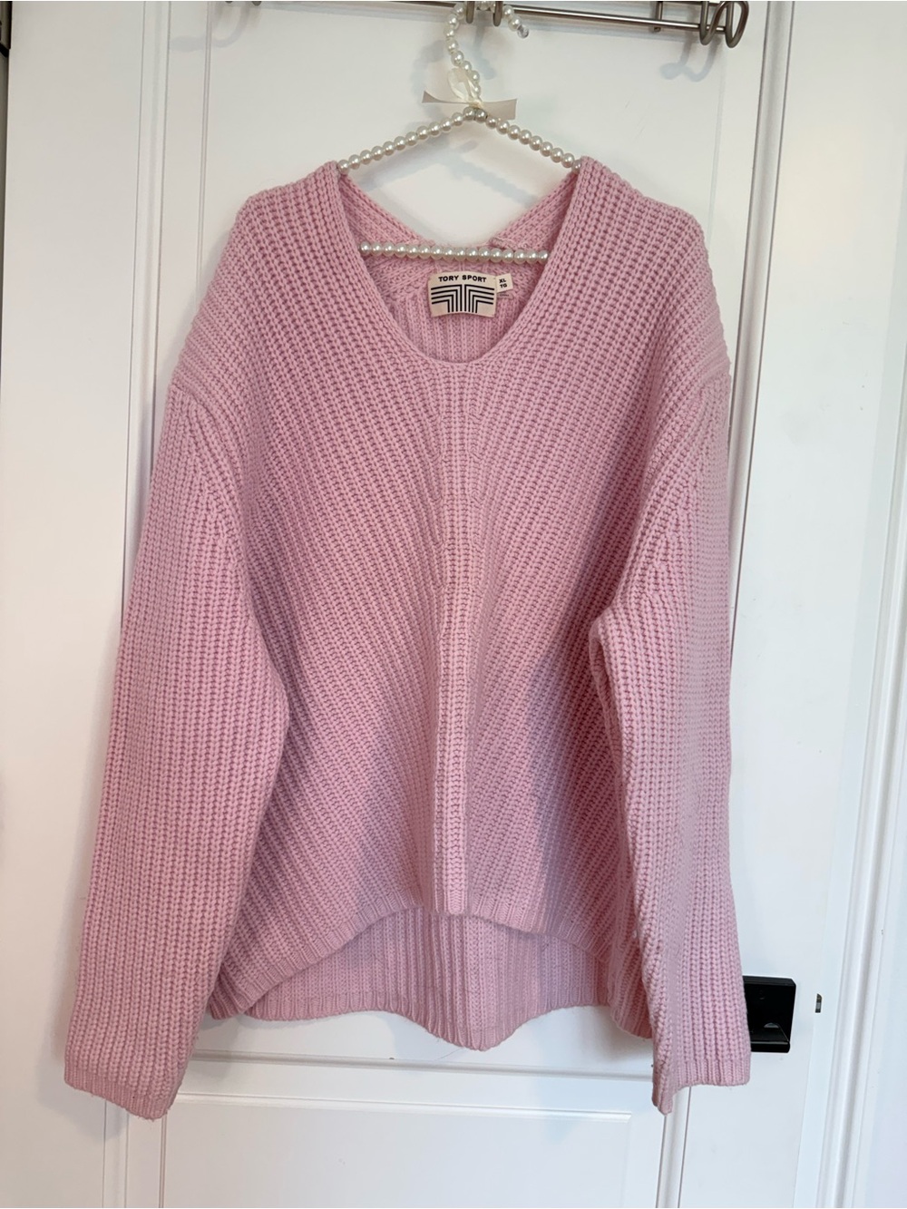 Tory Burch Sport Pink Scoop Neck Sweater Oversized Fit XL Merino Wool